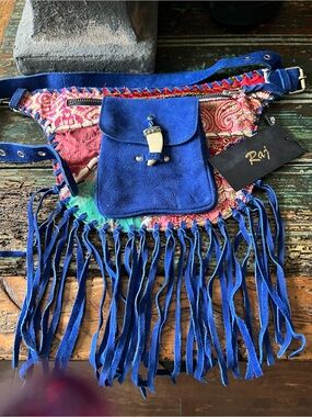 Raj Blue Suede Fringe Crossbody Bag with Multicolor Embroidered Panel
